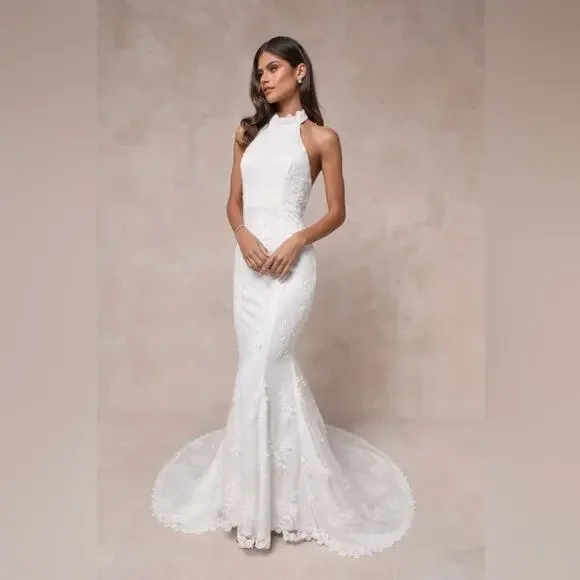 Lulus Dreamy Glamour White Embroidered Halter Mermaid Maxi Dress